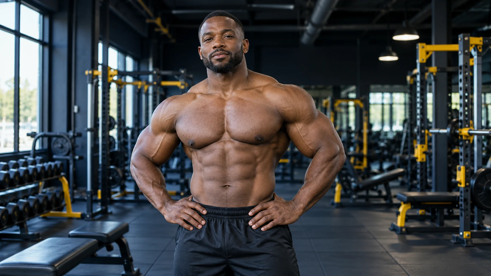 Fictional adult male bodybuilder in a gym, an original fitness illustration for Gym Herald